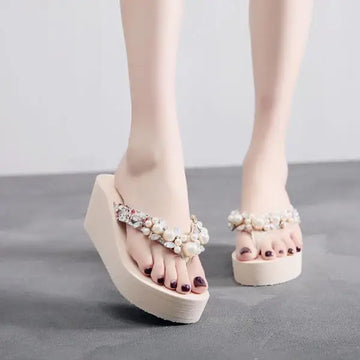 Xajzpa On A Wedge Slippers Casual String Bead Beach Shoes Platform Rubber Flip Flops Slides Slipers Women Heeled Mules Luxury Sabot Haw